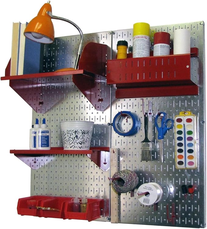 Wall Control Craft & Hobby Pegboard Organizer Storage Kit with Metallic Pegboard and Red Accessories