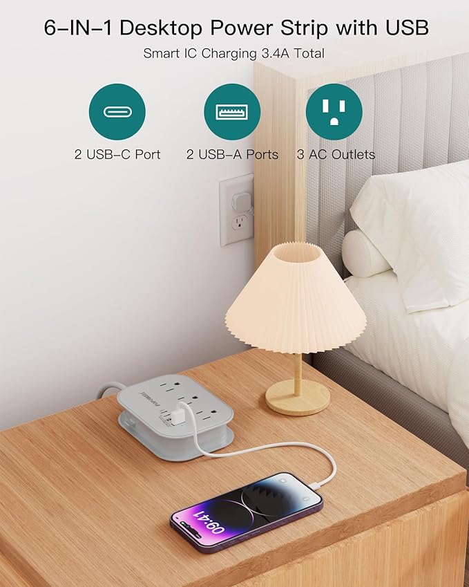 Flat Plug Power Strip- USB Travel Power Strip, 3 Outlets and 4 USB Ports(2 USBC) Desktop Charging Station, 5 Ft Wrapped Extension Cord, Non-Surge Protector for Cruise Essentials, Travel, Home, Dorm.