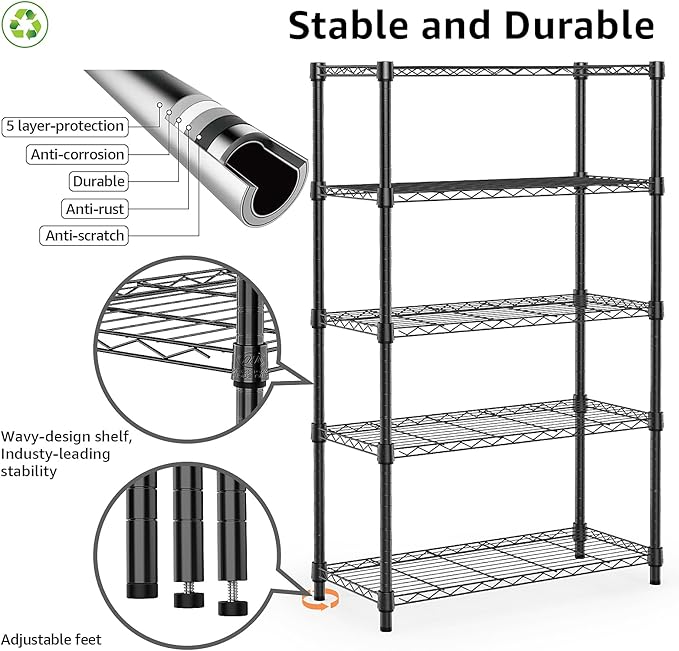 M MZG 1250 lbs Storage Shelving Utility Shelving Unit 5-Tier Utility Shelving Unit Steel Organizer Wire Rack for Home,Kitchen,Office (13.7" D x 23.6" W x 62.4" H)