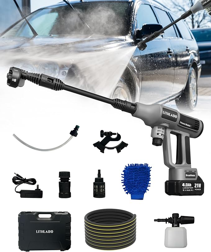Cordless Pressure Washer 1080PSl Portable High Pressure for Car Wash Outdoor Cleaning, Handheld Power Washer with 6-in-1 Adjustable Nozzle, Foam Cannon for Fences/Driveways/Patios/Home (1X 4Ah)
