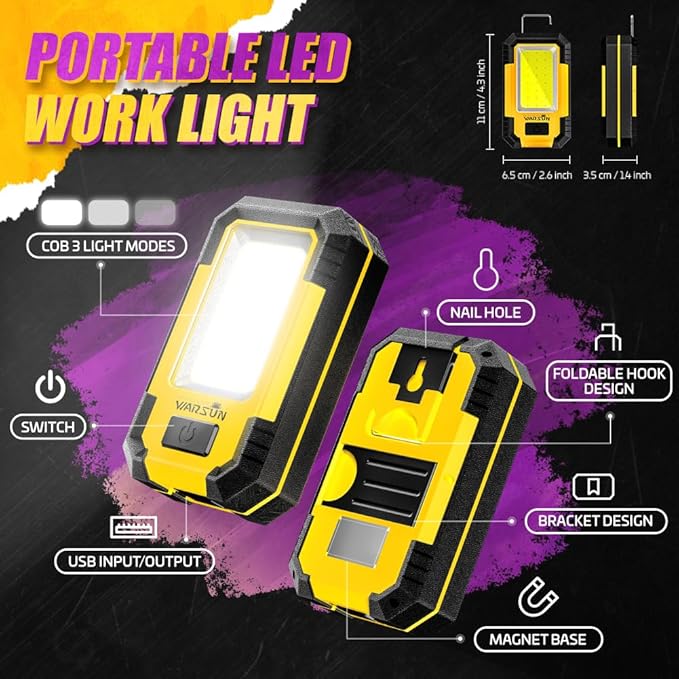 WARSUN 2 PC Portable LED Rechargeable Work Light,Magnetic Base & Hanging Hook, 30W 1200Lumens Super Bright, 5000K, for Car Repairing,Camping,Hiking,Backpacking,Fishing,Hurricane, Yellow