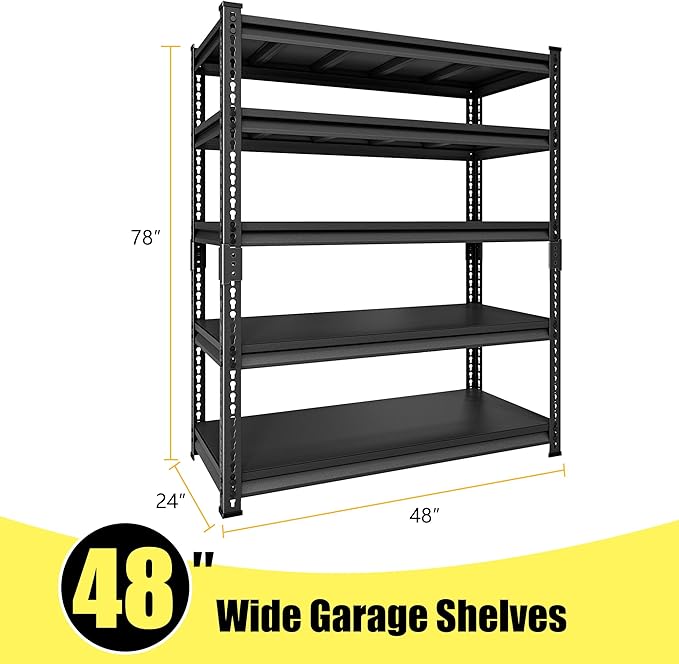 48" W Garage Storage Shelves Heavy Duty, 3000LBS Loads Adjustable Garage Shelving, 5-Tier Metal Shelving Units and Storage Racks, Industrial Utility Shelf,48" Wx24 Dx78 H, Black