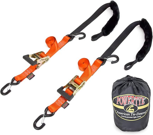 PowerTye 1.5in x 7ft Rubber Handle Ratchet Straps with SHEEPTEX Synthetic Sheepskin Soft-Tye w/Heavy Duty Latch-Hooks - 1,200 lb. WLL / 3,600 lb. Breaking Strength - Made in USA, Orange (Pair)