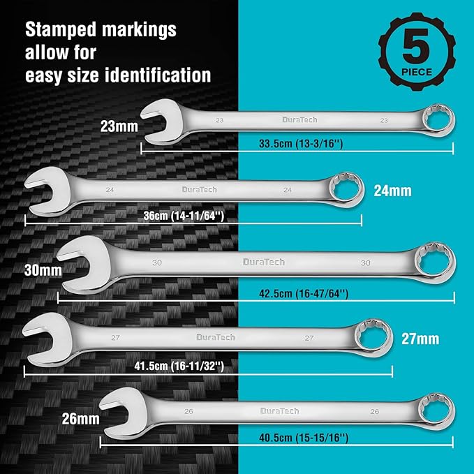 DURATECH Long Pattern Combination Wrench Set, Metric, 5-Piece, 23-30mm, 12 Point, CR-V Steel, with Pouch