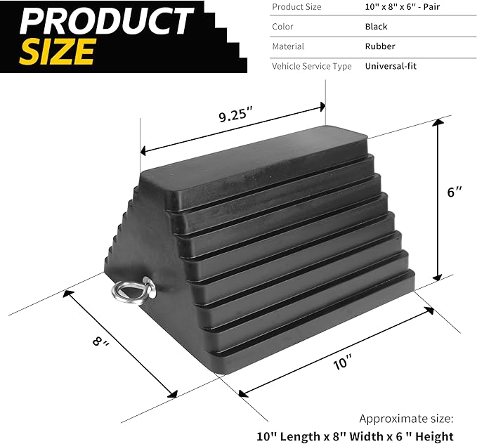 MaxxHaul Rubber Wheel Chock 2 Pack, Large 10" x 8" x 6" Heavy Duty Tire Stop with Non Slip All Weather Grip, Oil Resistant Rubber Block with Steel Eyebolt for Vehicle and Trailer Safety (80681)