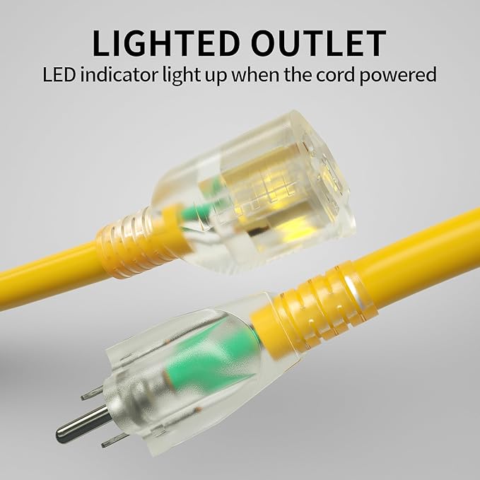 POWGRN 150 Ft 10AWG Outdoor Extension Cord Waterproof Heavy Duty 10 Gauge, Flexible Cold-Resistant Long Power Cord Outside with Lighted Indicator End, 15Amp 1875W SJTW Yellow ETL Listed
