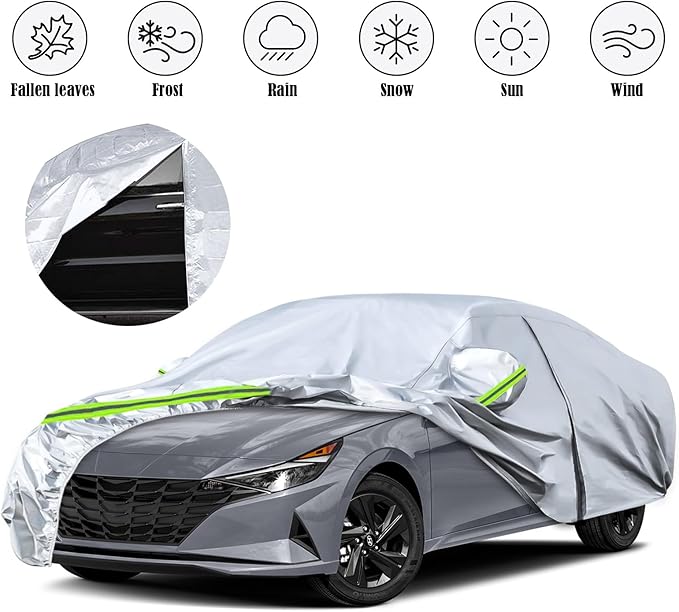 Waterproof Car Covers Replace for 2006-2025 Hyundai Elantra, 6 Layers Silver All Weather Custom-fit Car Cover with Zipper Door & Windproof Bands for Snow Rain Dust Hail Protection