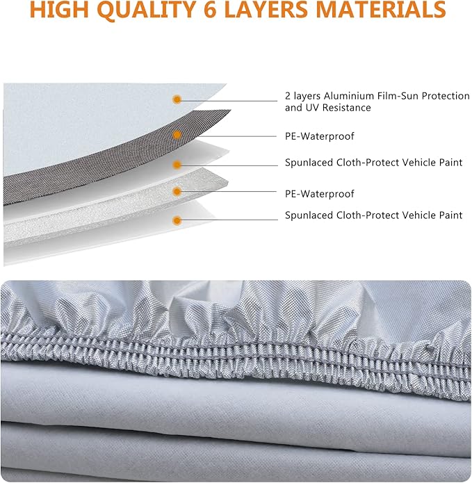 SEAZEN Car Cover 6 Layers, Waterproof Sedan Car Cover with Zipper Door, Snowproof/UV Protection/Windproof, Universal Car Covers Breathable Fabric with Cotton (201" to 209")
