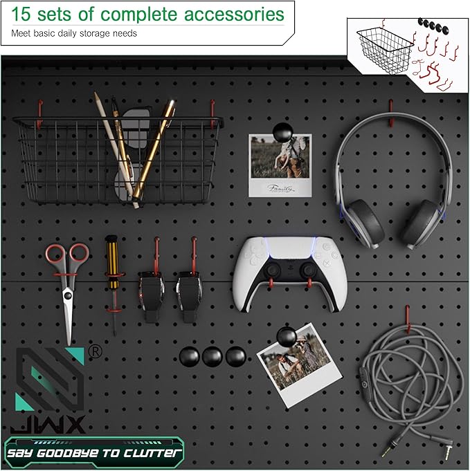 JWX DDB Gaming Pegboard Standing Shelf Units, Modular Pegboard and Shelf System with 15 Pieces Organizer Tool Holders