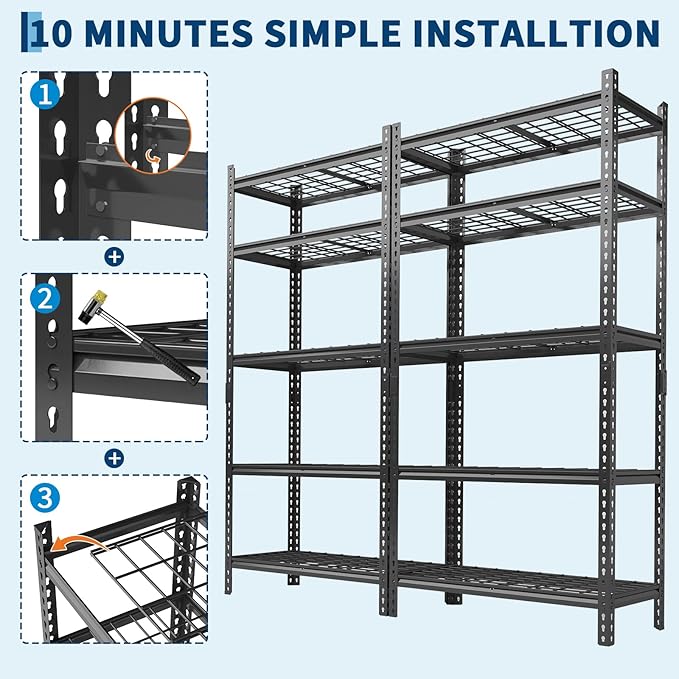 Garage Shelving 2200 LBS Storage Shelves Adjustable Metal Shelving Unit Heavy Duty 5 Tier Metal Shelves for Garage Kitchen Pantry Warehouse Basement, 36" W × 16" D × 72" H