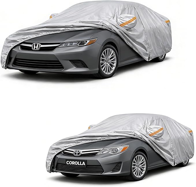 6 Layer Heavy Duty Car Cover Custom Fit for Toyota Corolla 2000-2025, Honda Civic 1991-2026, Waterproof All Weather Car Tarp Outdoor Protection with Cotton Lining