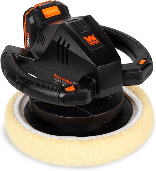 WEN 20V Max Cordless 10-Inch Random Orbital Polisher and Waxer Kit with 2Ah Battery, Charger, and Bonnets (20870)