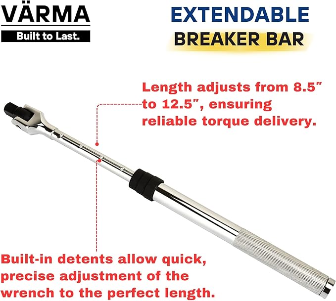 3/8" Drive Breaker Bar – 8.5–12.5" 4-Stage Extendable Handle, 180° Flex Head, Chrome Vanadium, High Torque