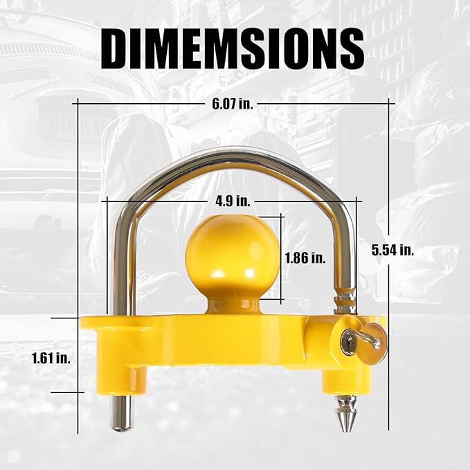 TCE ATRCLL001U Torin Lightweight Coupler Lock: Adjustable Trailer Ball Hitch Lock Storage Security, Heavy-Duty Steel and Aluminium, Yellow and Chrome