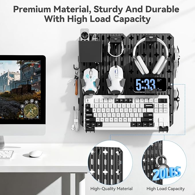 KDD Keyboard and Mouse Display Stand Holder, Wall Mount Office Organization Pegboard Combination Kit with Pen holder, Hooks, Headset & Controller Stand for Office & Home Hanging Organizer Storage