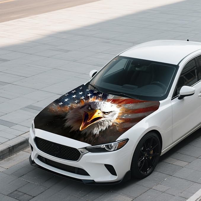 American Car Hood Cover - 59x51 in Car Hood Cover Eagle Flag Bonnet Banner with 2 Adjustable Triangular Fasteners, Universal Fit for Trucks, SUV, Patriotic America Flag Cars Decor