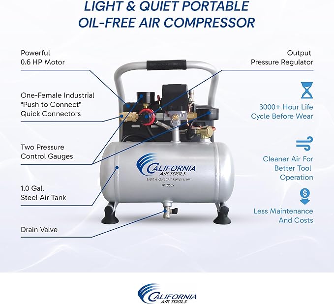 California Air Tools CAT-1P1060S Light & Quiet Portable Air Compressor, Lightweight, Ultra Quiet, Oil-Free, 1 Gallon Steel Tank, .6 HP, 56 dBA Noise Level, Silver