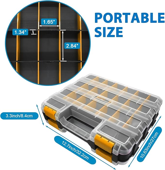Double Side Tool Box Organizer, Hardware Storage Box, Portable Small Parts Organizer with Removable Plastic Dividers for Screws, Nuts, Nails, Bolts (Orange)
