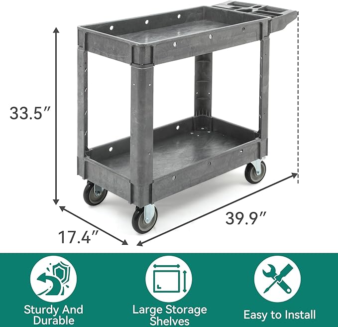 YITAHOME 550 LBS Heavy Duty Utility Cart on Wheels, 2 Shelves Service Cart, Plastic Rolling Tool Carts with Wheels, Gray Maintenance Push Carts for Garage, Home, Restaurant, Jobsite, Office
