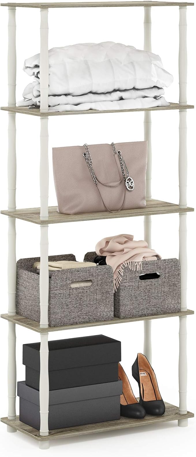 Furinno Turn-N-Tube 5-Tier Multipurpose Shelf / Display Rack / Storage Shelf / Bookshelf, Classic Tubes, Sonoma Oak/White