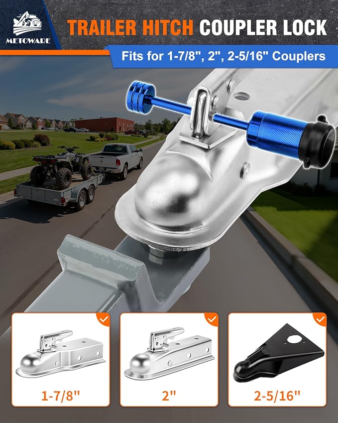 METOWARE Trailer Tongue Coupler Lock 1/4" Dia, 3-1/2" Span, Trailer Hitch Lock for Latch-Type Coupler, Trailer Pin Lock for Towing Trailer RV Car Boat Truck Blue(1 Pack)
