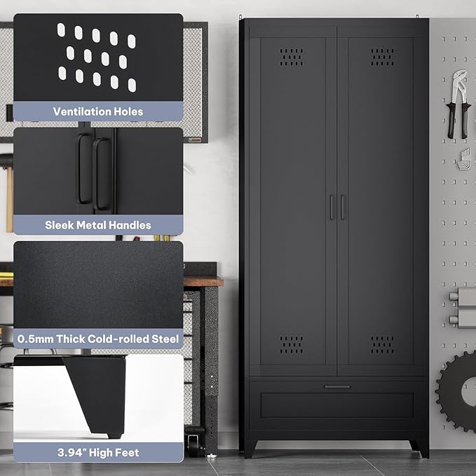YITAHOME 71" Metal Garage Broom Cabinets with Adjustable Shelves, Vacuum Storage Cabinet with Doors and Drawer, Tool Storage Cabinet for Gym, Basement, Warehouse, Black, Metal