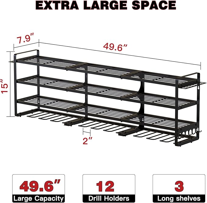 NattyDot 48" Large Power Tools Organizer Wall Mount,12 Drill Holder for Garage, Workshop Heavy Duty Storage Rack