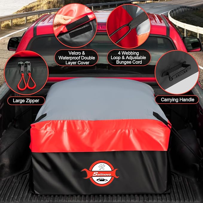 Sailnovo Truck Bed Cargo Bag, 26 Cubic ft Waterproof Cargo Bag for Truck Bed, Heavy Duty PVC Truck Cargo Bag Fits Any Truck Size with 6 Stretch Cord, Packing Bag (50''x40''x22'') Red
