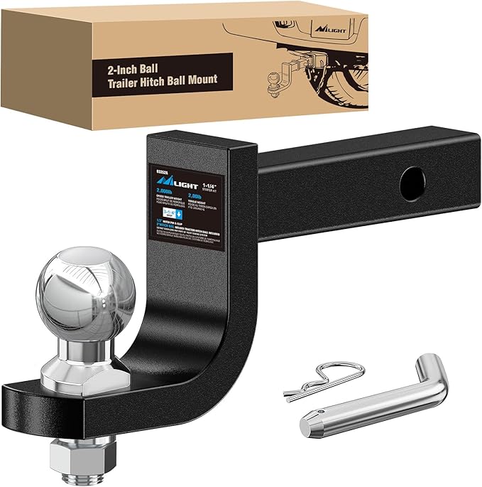 Nilight Trailer Hitch Ball Mount with 2-Inch Ball 1/2" Hitch Pin Clip Fits 1-1/4 Inch Receiver Square 2000 lbs 3-1/4"Drop Gloss Black Powder Coat
