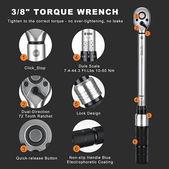 AEROFORCE 14PCS 3/8-Inch Drive Swivel Magnetic Spark Plug Socket Set with 3/8'' Torque Wrench (5-45 Lb.ft/6.8-61.2 Nm), Universal Joint & Extension Bar - Durable CR-V Steel for Easy Spark Plug Removal
