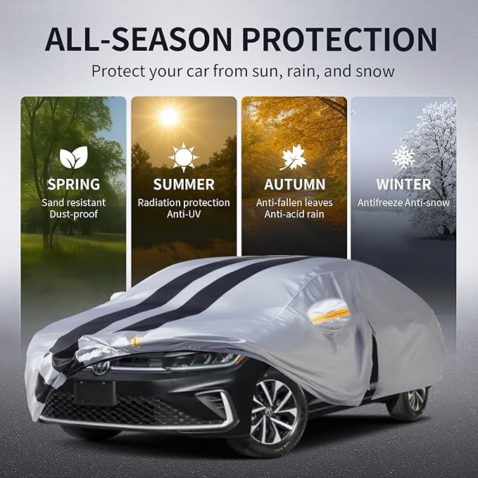 Multi-Layer Car Cover Custom Fit for VW Jetta(2005-2026), 100% Waterproof All Weather for Automobiles, Gift with Towel, Heavy Duty Car Covers for Rain Sun UV Protection with Door Zipper