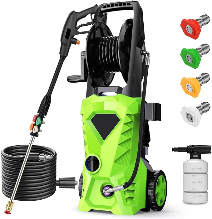 5000PSI Electric Pressure Washer - 2025 New Power Washer with Upgraded 33ft Pressure Washer Hose Reel, Foam Cannon, 4 Nozzle Set, Power Washer for House/Patios/Car/Fence, Green