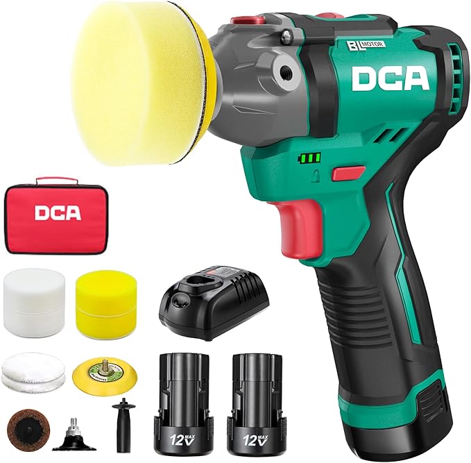 DCA 12V Cordless Buffer Polisher, 3" Brushless Mini Car Polisher & 2" Sander Machine Kit with 2x 2.0Ah Batteries, 2 Variable Speed 2800-8300RPM for Car Detailing Polishing/Buffing/Sanding/Waxing