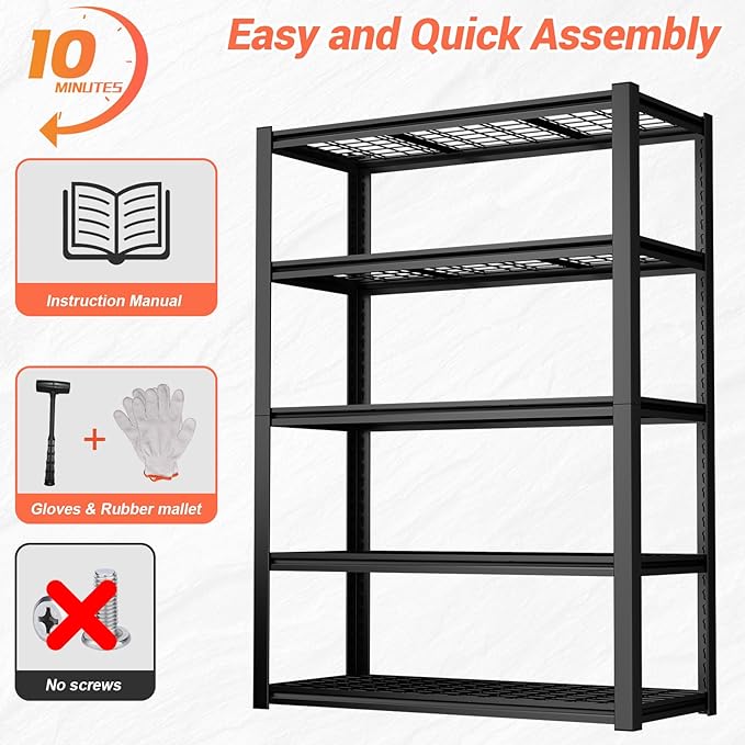 5-Tire Garage Shelving Units Storage Shelves Rack, 72 Inches Height Heavy Duty Adjustable Steel 5000 lbs Metal Shelf for Basement, Garage Organization (Iron Grid Layer, 72" H x 59" W x 24" D)