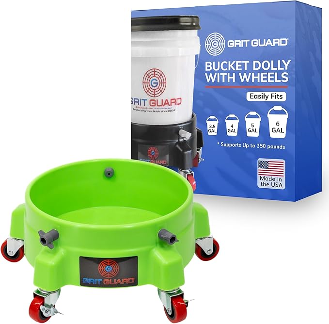 GRIT GUARD Bucket Dolly with Wheels - Rolling Detailing Wash Bucket with 5 Wheels and 2 Locking Casters Compatible with 2.5, 4, 5 and 6 Gallon Buckets (Green, 2" Red Casters)