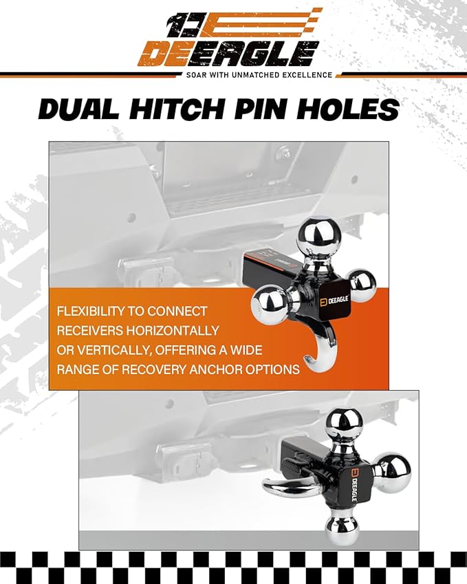 DEEAGLE 3 Ball Hitch with Hook, Tri Ball Hitch with 3.5” Hitch Pin Lock, 1-7/8", 2" and 2-5/16" Ball, Fit 2” Hitch Receiver, Heavy Duty Trailer Hitch, Include Pin Lock