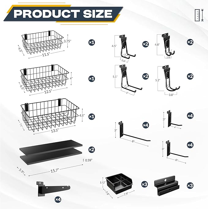 35Pcs Slatwall Accessories Kit, with Slatwall Hooks, Baskets, Shelves, Bins, Heavy Duty Slat Wall Accessory for Garage Organization, Workshop & Utility Room