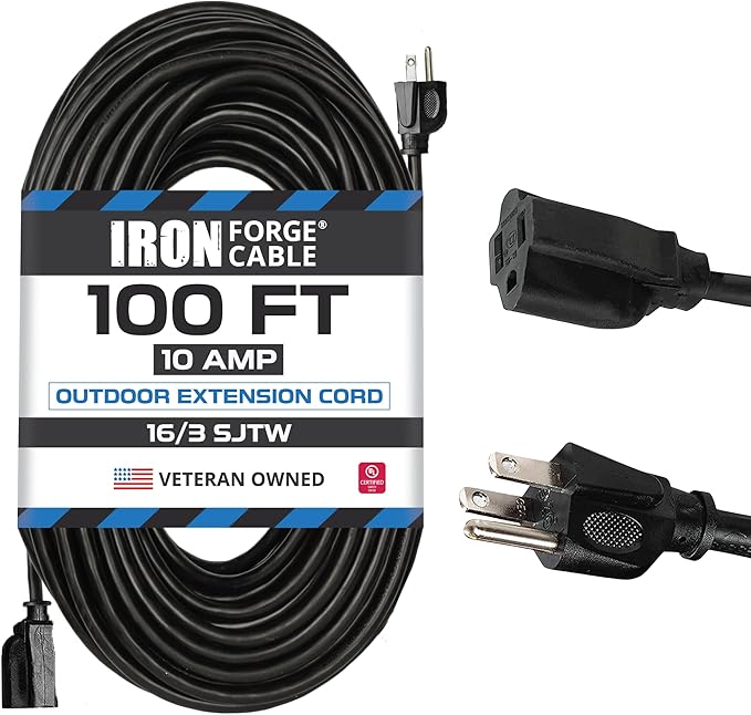 Iron Forge Cable 100 Ft Black Extension Cord, 16/3, 100 Foot Extension Cord, 3 Prong, Weatherproof - Great for Outside Use