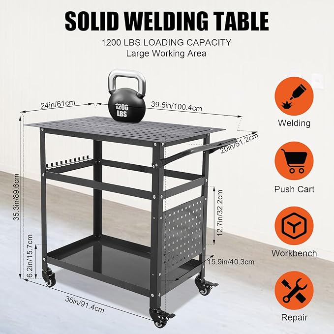 Heavy-Duty Welding Table with Wheels, 36"X24" Portable Welder Workbench with 5/8" Fixture Holes & Storage Panels for Shop & Workshop | Mobile Welding Station & Fabrication Table