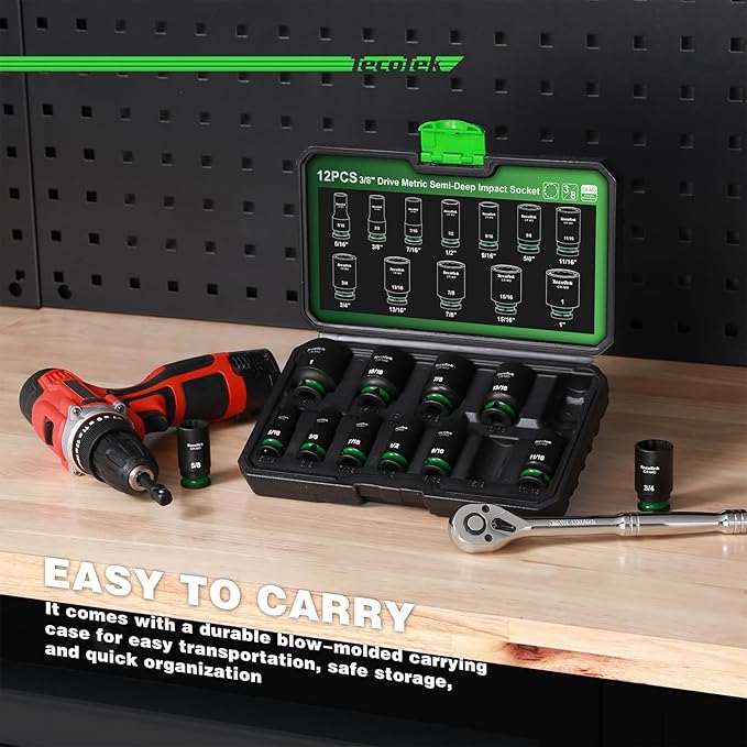 3/8-Inch Drive 12-Point SAE Semi-Deep Impact Socket Set, Mid-Length Socket Set, 5/16-Inch to 1-Inch, CR-MO, Stamped and Ink Filled Size Marking, 12-Piece