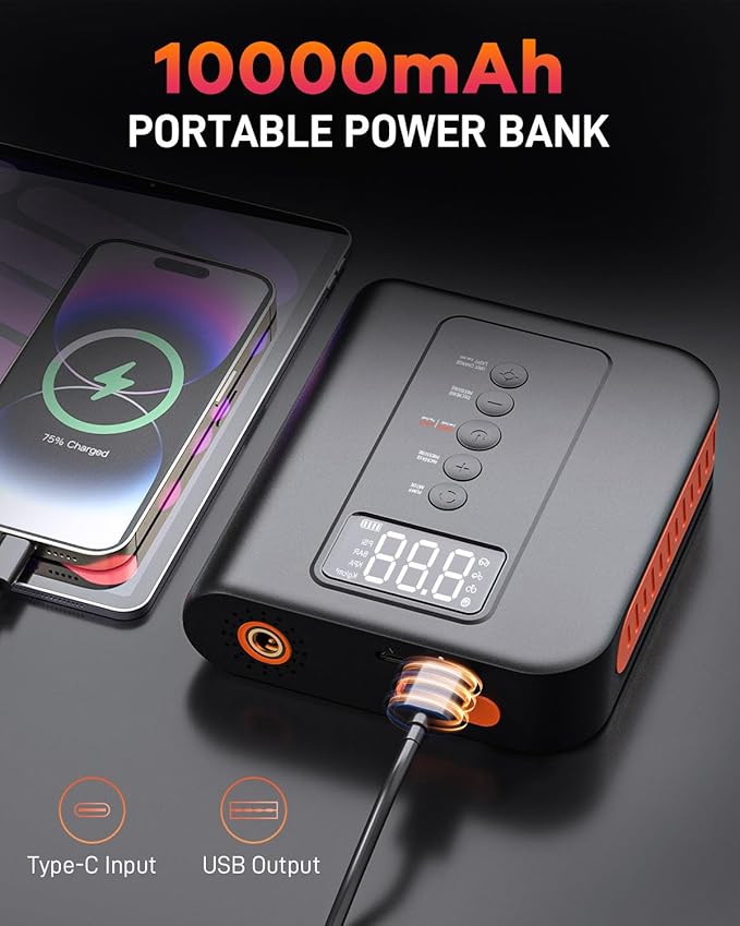 Battery Jump Starter with Air Compressor for Car, 10000mAh Portable Power Pack 150PSI Tire Inflotor, USB Charge, LED Light, for All Gas and Up to 8L Diesel Engines Jumper Box