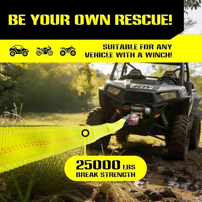 Recovery Tow Strap with Reinforced Loops 2" x 20ft Heavy Duty 25000 LBS Break Strength Emergency Recovery Tow Strap Winch Extension Rope for Car, Truck, Jeep, ATV, SUV, Tree Saver, Winch Extension