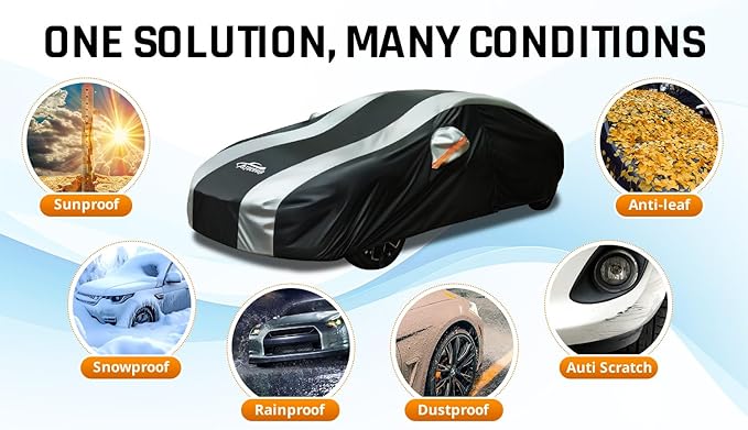 Car Covers for Automobiles All Weather Waterproof with Silver Stripe Design, Universal Fit Kia Stinger K5/Optima, Chevy Malibu, Cadillac CT4, BMW 3 Series(19-25), Benz C-Class(22-25)