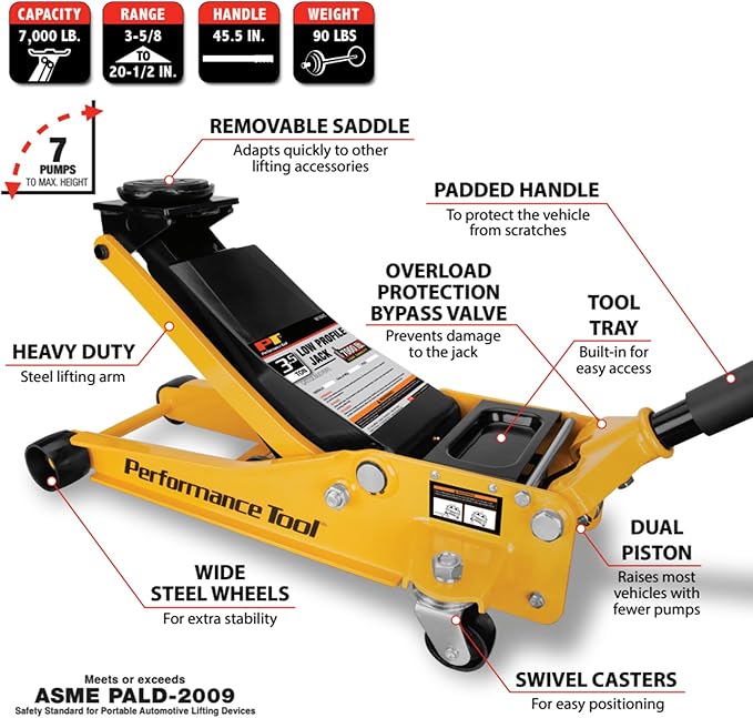 Performance Tool W1645 Professional Low-Profile Swiveling Floor Jack, 3.5-Ton Capacity, Lift Range 3-1/2-Inch to 20-1/2-Inch
