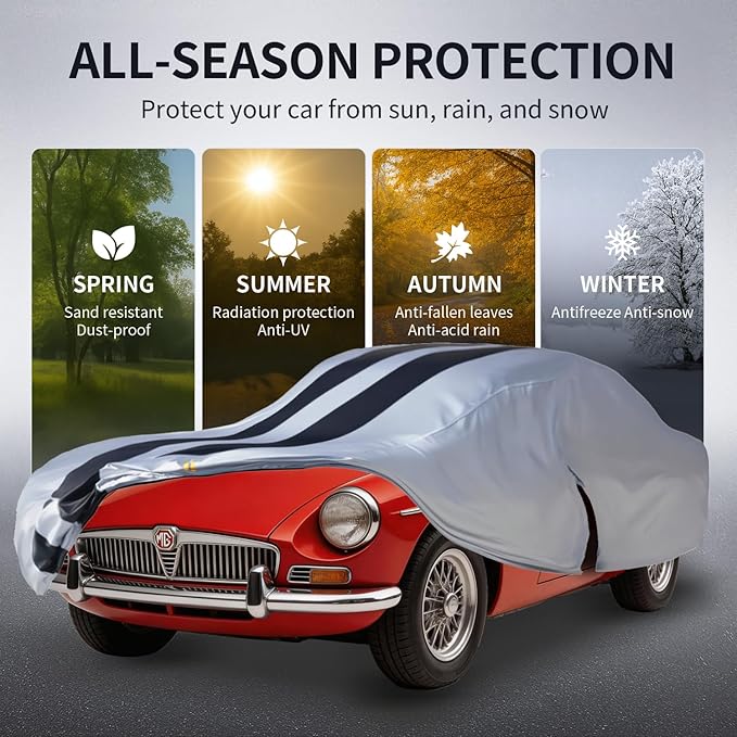 Multi-Layer Car Cover Custom Fit for MG MGB(1962-1981), 100% Waterproof All Weather for Automobiles, Gift with Towel, Heavy Duty Car Covers for Rain Sun UV Protection with Door Zipper