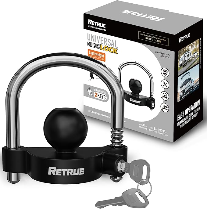 RETRUE Universal Coupler Lock Trailer Locks Ball Hitch Trailer Hitch Lock Adjustable Security Heavy-Duty Steel fits 1-7/8 Inch, 2 Inch, 2-5/16 Inch Couplers, Black