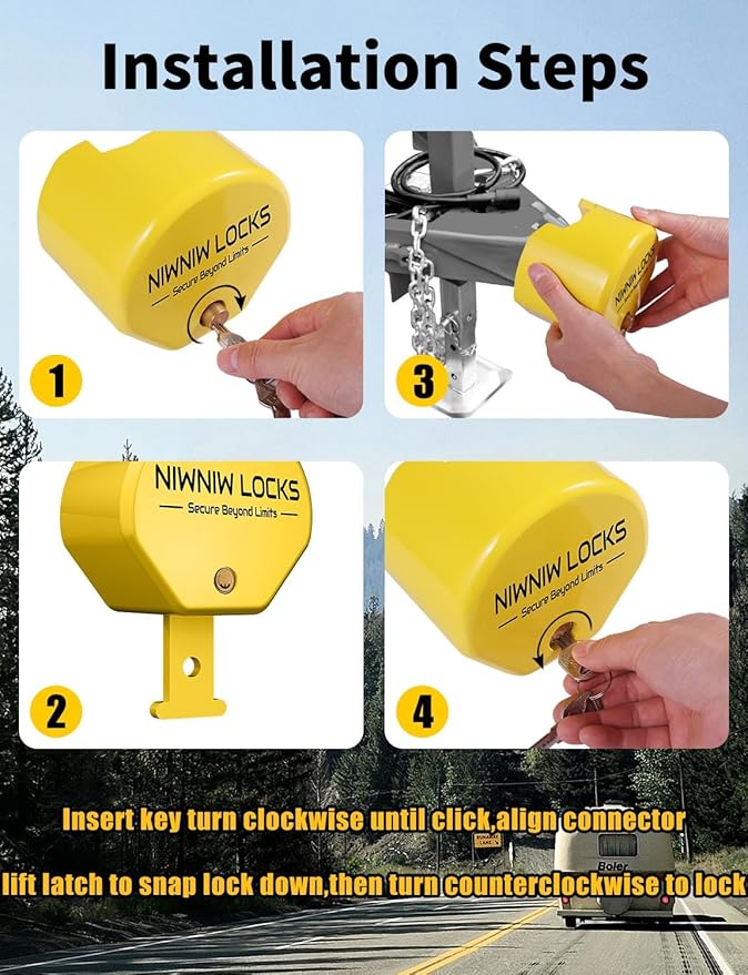 Heavy Duty Trailer Hitch Lock - Universal Fit 1-7/8" 2" 2-5/16" Couplers | Anti-Theft RV Trailer Tongue Lock for Truck Boat | Structural Steel Security Design (Yellow)