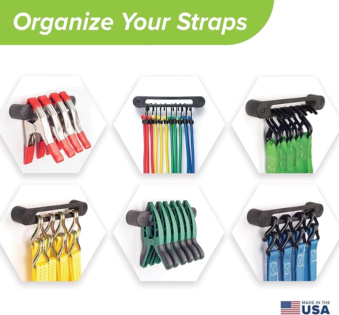AV1 Hook Rail Strap Organizer (1-Pack) – Low Profile Tie Down, Ratchet & Bungee Cord Storage for Garage, Workshop, Home or Enclosed Trailer – Made in USA – Backed by Our Guarantee!