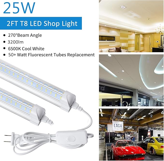 AQIQUUT Led Shop Light, Led Garage Light,2FT 25W 6500K Daylight 3200LM Linkable Clear Cover Integrated V-Shape for Shop Under Cabinet Office General Lighting,Cool White(4-Pack)
