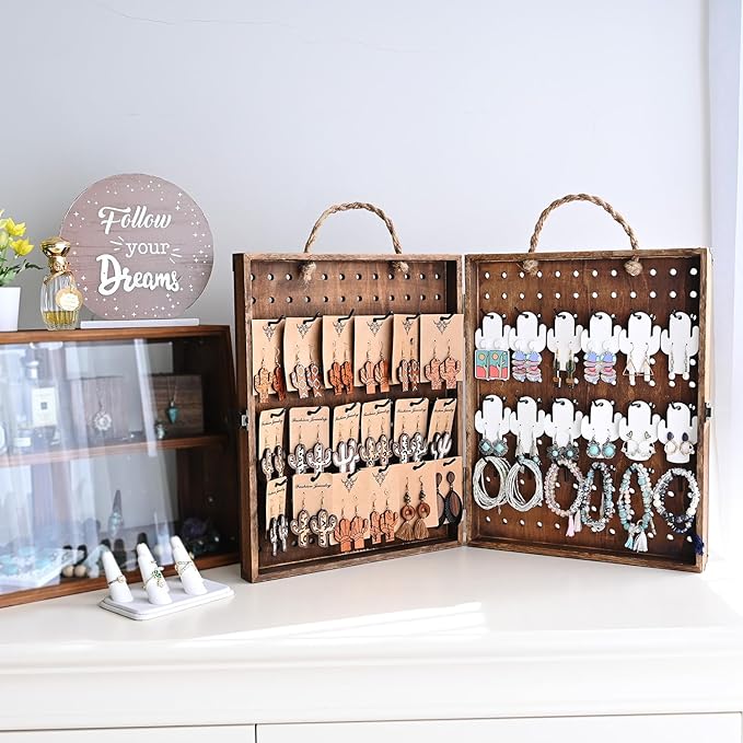 MOOCA Wooden Foldable and Portable 2 Panel Pegboard Jewelry Display Organizer with 48 Removable Black Metal Hooks & Convenient Rope Handle for Easy Carrying, Dual-Sided Panels for Hanging, Brown Color